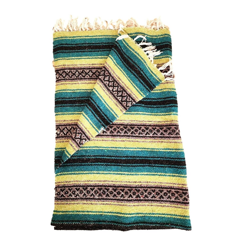 Mexican Vibrant Woven Blanket or Sarape in Blue/Green/ and Grey